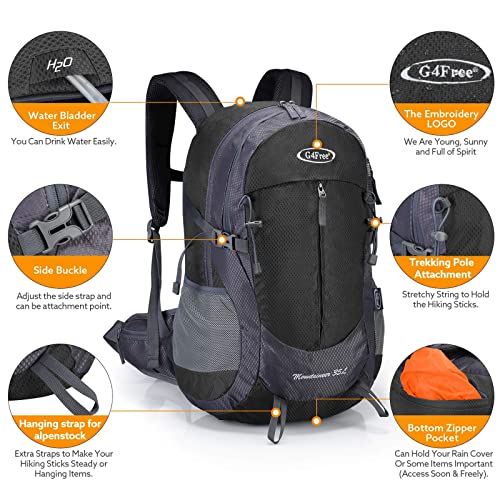 G4Free 35L Hiking Backpack for Women Men, Water Resistant Outdoor Sports | Nylon Water Resistant, 35L (19.7"*12.6"*8.7"), Camping, Climbing, Travel Daypack, Lightweight backpack with Rain Cover - color: Black