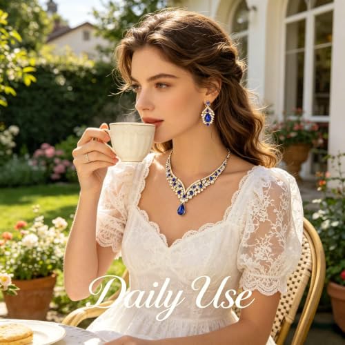 Tiaras Crowns for Women,Wedding Jewelry Set, Tiaras Necklace Earrings Crystal Bridal Wedding Jewelry Sets for Brides Bridesmaid Prom Costume Accessories - color: Gold Blue