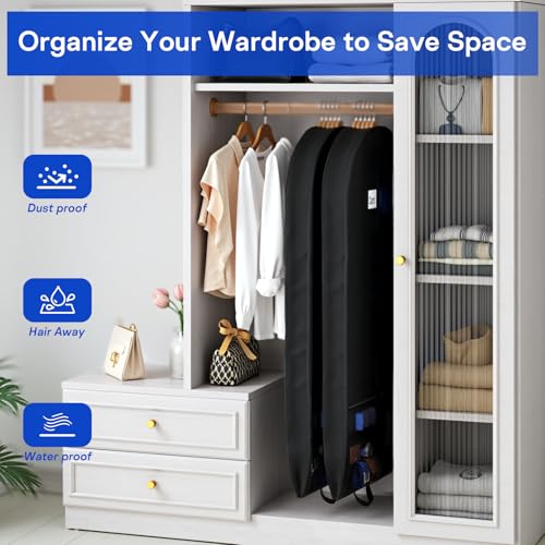 2 Pack Heavy Duty Garment Bags for Travel Suit Bags, Dress Bags, Garment Bags for Hanging Clothes with Pockets Men's Suit Holder for Cospaly, Shirts, Coats, Dresses (Black, 2Pack 54") - size: 2Pack 54"-2 Mesh Pockets