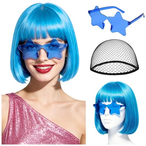 Short Bob Straight Hair Wigs with Bangs, Heat Resistant Fiber Hair, Star-shaped Glasses for Women (Sky Blue) - color: Sky Blue