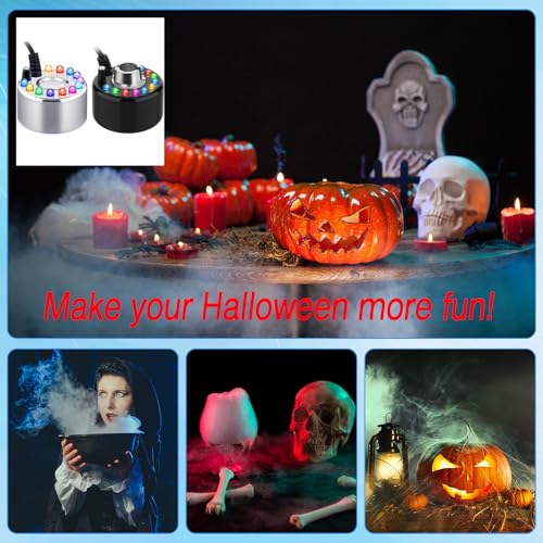 Yaomiao 2 Piece Halloween Mist Maker Fogger Small Ultrasonic Fog Machine Fountain Mister Fogger Water Garden Pond Foggers Air Humidifier with 12 LED Light Flashes for Halloween (Black and Silver) - color: Black and Silver