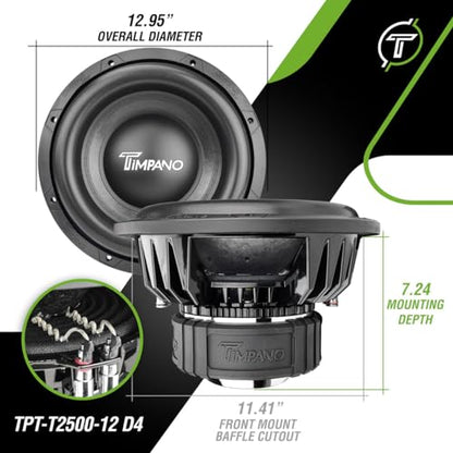 Timpano 12 Inch Subwoofer D4 2500 Watts Max Power Dual 4 Ohm, 12 Subwoofer Speaker 23.5 mm High Xmax, TPT-T2500-12 D4, 3 in Voice Coil, Competition Sub Woofer for Car Audio Systems (Single) - size: 12 Inch - Dual 4 Ohm