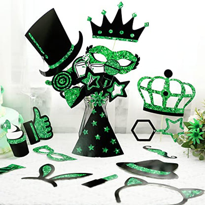 Zonon 24 Pcs Photo Booth Props Set Black Gold Birthday,Green and Black | Props on Sticks for Wedding, Reunion, Prom, Includes Mustache, Hats, Glasses, Ties, Lips, Crowns, Fun Party Accessories - color: Green and Black
