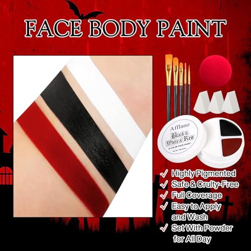 Scary Clown Makeup Face & Body Paint Kit Professional Black White Red SFX Cream Bodypaint with 5 Brushes Sponge Applicators & Clown Nose Facepainting Set for Kids Adult Halloween Joker Vampire Zombie - color: Black White Red 10 PCS