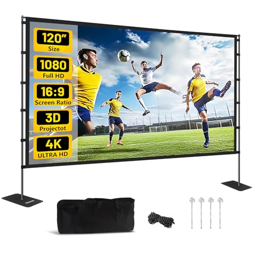 120 inch Outdoor Projector Screen with Stand, Portable Projector Screen | 16:9 4K HD Lightweight Movie Screen, With Carry Bag, 160° Ultra Wide Viewing Angle, Adapts Any Indoor or Outdoor Activity