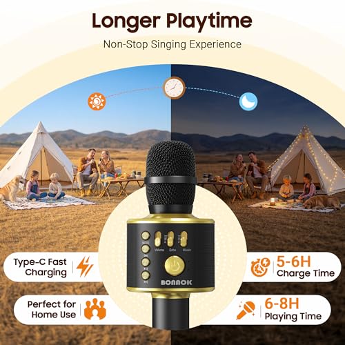 BONAOK Bluetooth Karaoke Microphone, Wireless Mic for Kids Adults to Sing - color: Black Gold