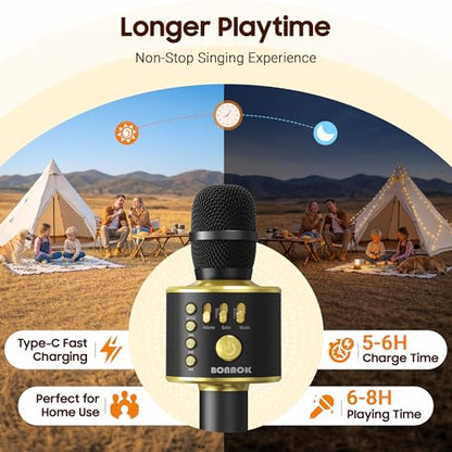 BONAOK Bluetooth Karaoke Microphone, Wireless Mic for Kids Adults to Sing - color: Black Gold