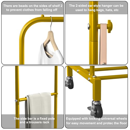 Sooyee Double Rod Clothing Rack with Wheels,3 Tier Garment Racks for Hanging Clothes,Portable Clothes Rack with 4 Hooks for Bedroom,Laundry Room,Gold - color: Gold
