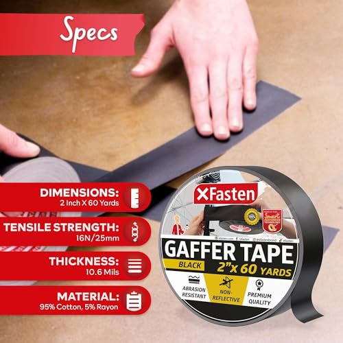 XFasten Black Gaffers Tape 2 Inch x 60 Yards (180 Feet) Residue-Free Matte Black Gaff Tape 2 Inch, Non-Reflective, Easy-to-Tear, Strong Adhesion for Floor Marking, Electrical Cords, Photography - size: 2 Inches x 60 Yards (180 Feet)