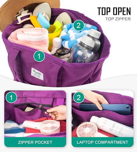 Bagelite Extra Large Canvas Tote Bag for Women Men, Utility Work Bags with Zipper - color: Purple