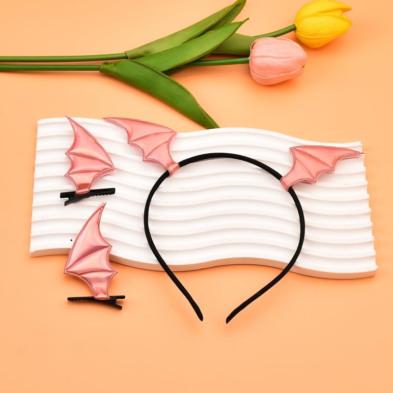 Guqqeuc Halloween Bat Headband Hair Clips Set for Women Girls Bat Wing Hairbands Halloween Hair Barrettes Set for Girls Pink Halloween Hair Accessories for Cosplay Costume Decorations