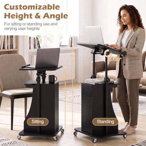 Tangkula Mobile Lectern Podium, Height Adjustable Podium Stand, Standing Sit-to-Stand Desk, Rolling Cart Laptop Desk with Swivel Top Movable Wheels & Storage - color: Black, size: 20" x 16" x 44"