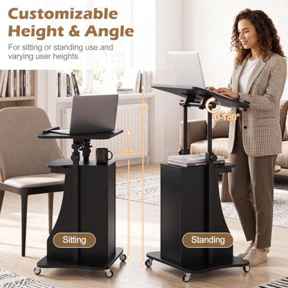 Tangkula Mobile Lectern Podium, Height Adjustable Podium Stand, Standing Sit-to-Stand Desk, Rolling Cart Laptop Desk with Swivel Top Movable Wheels & Storage - color: Black, size: 20" x 16" x 44"