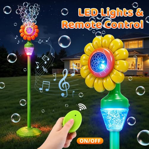 Yunaking Flower Bubble Machine Remote Control, 3 4 5 6 7 8 Year Kids Toys | 90° Bubble Blowing, Adjustable Height, With Music Light, 2 solutions, Boys Girls Christmas Gift, for Wedding Camping Party - color: Orange