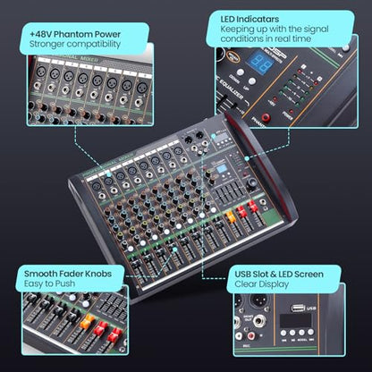 Audio Mixer 8 Channel, Professional Music Sound Mixer Board with 48V Phantom Power, Digital DJ Mixing Console with Reverb USB Port Bluetooth for Recording Karaoke Podcasting