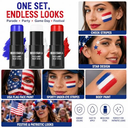 BOBISUKA Red White Blue Face Paint Stick Kit, Eye Black Sticks for Football Baseball Softball Lacrosse American-Flag, Body Paints Makeup Kit for Halloween Cosplay Special Effects Costume SFX - color: Red.Blue,White