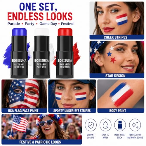 BOBISUKA Red White Blue Face Paint Stick Kit, Eye Black Sticks for Football Baseball Softball Lacrosse American-Flag, Body Paints Makeup Kit for Halloween Cosplay Special Effects Costume SFX - color: Red.Blue,White