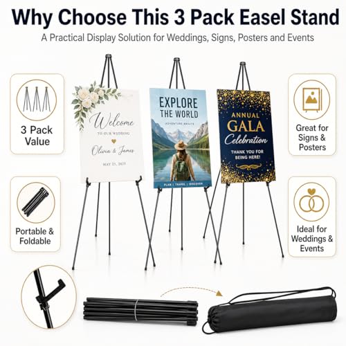 3 Pack Easel Stand for Sign, 63 Inch Portable Display Easel Stand, Black Metal Floor Easel for Wedding Welcome Sign, Poster Board, Party, Presentation, Event Display with Storage Bags