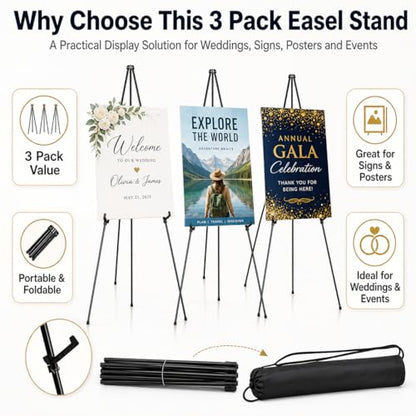3 Pack Easel Stand for Sign, 63 Inch Portable Display Easel Stand, Black Metal Floor Easel for Wedding Welcome Sign, Poster Board, Party, Presentation, Event Display with Storage Bags