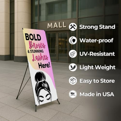 DreamController Lashes & Brows X-Stand Banner by DC | 30"x65" Tripod Display | Bold Brows Stunning Lashes Here Vertical Banner for Trade Shows & Events | Made in USA | (Stand Not Included) - color: Bold Brows Stunning Lashes Here, size: X Banner - 30x65"