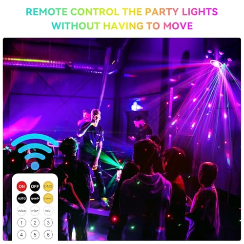 Moving Head DJ Light for Party 150W 6-Arm Remote Control | Disco Ball, LED RGB Ring, Red Green Starry, Strobe Multi Effects. DMX512 Sound Activated. For Stage, Wedding, Club, Events