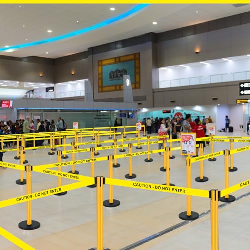 Therwen 6 Pack Heavy Duty Crowd Control Stanchions 9.8 ft Stainless Steel Stanchion Set with 6 Safety Barrier Post Retractable Belt and 1 Sign Holder Crowd Control Barrier(Caution Belt,Yellow) - color: Yellow, size: Caution Belt