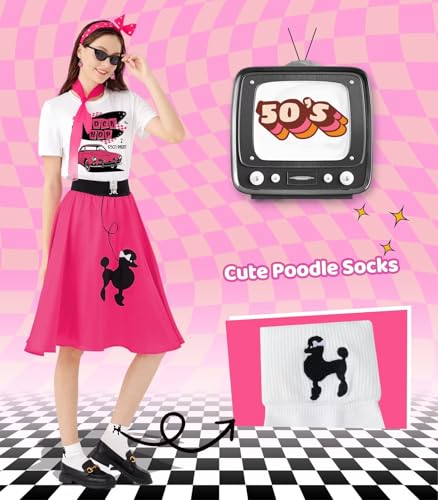 1950s Poodle Skirt Outfit Women 50s Sock Hop Costume T Shirt Accessories - color: Hot Pink-sockhop, size: Small