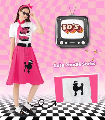 1950s Poodle Skirt Outfit Women 50s Sock Hop Costume T Shirt Accessories - color: Hot Pink-sockhop, size: Small