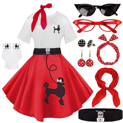 1950s Poodle Skirt Outfit Women 50s Sock Hop Costume T Shirt Accessories - color: Red, size: XX-Large