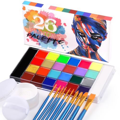 Face Painting Kit, 26 Colors Oil Based Face & Body Paint Palette with Translucent Setting Powder & 10 Brushes, Large Black & White Pans for Halloween SFX Cosplay Costume Makeup