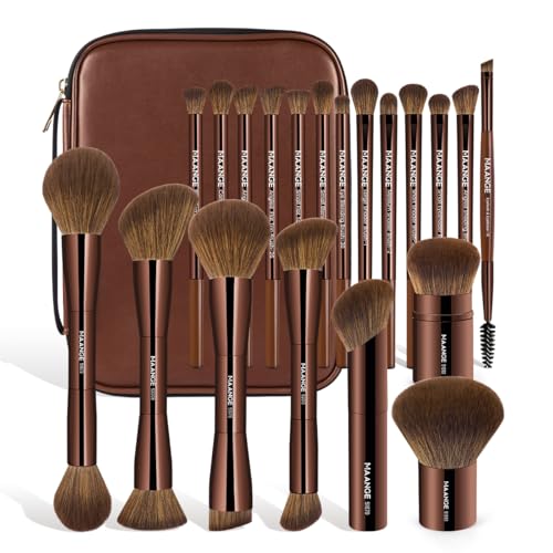 MAANGE 20 PCS Makeup Brush Set with Bag, Double-ended Kabuki Brush Foundation Contour Brush for Liquid Powder Concealer Eye Shadows Cream Cosmetics Blending Blush Face Makeup Tools (Brown) - color: Brown