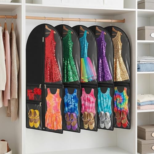 10 Pack Garment Bags for Dance Costumes, 40" Garment Bags for Hanging Clothes with 3 Clear Zipper Pocket, Waterproof Cheer Uniform Garments Bag for Dance Competition, Travel, Closet Storage (Black)