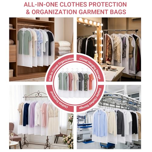 6 Pack Translucent Suit Garment Bag with Zipper 24" x 39" | Frosted PE Hanging Garment Covers, Dust-Proof Clothes Protector Bag for Travel, Dance Costumes, Dresses, Suits - Clear View - size: 24 × 39 in
