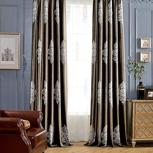 VOGOL 2 Panels Eurapean Floral Embroidered Curtains, Blackout Velvet Drapes Grommet Drapery for Theater Bedroom Living Room, 52 by 63 Inch, Chocolate Brown | Plush Velvet Texture, Helps Reduce Glare, Delicate Embroidery, for Bedroom, Dining Room - size: 5