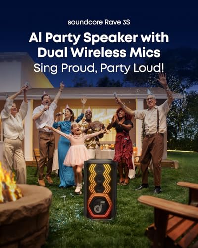 Soundcore Rave 3S AI 파티 스피커, Anker, AI 보컬 제거, 200W 사운드 | 무선 마이크 2개 포함, 리버브, 라이트 쇼, 12시간 재생, 가정, 파티 또는 뒷마당용 휴대용 블루투스 PA 시스템