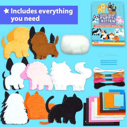 KRAFUN Puppy & Kitten Sewing Kit for Kids Ages 6+ | 8 Dolls | Sew 8 dog & cat stuffed dolls. Instructions & felt included. Great beginner gift for girls & boys learning to sew - color: Puppy & Kitten