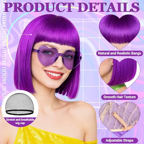 Short Bob Straight Hair Wigs with Bangs, Heat Resistant Fiber Hair, Heart-shaped Glasses for Women (Purple-Red) - color: Purple-Red