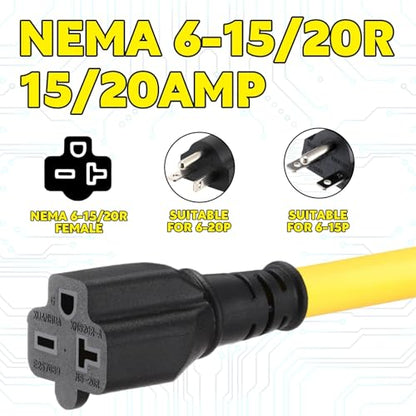 40 ft Nema 6-20 Extension Cord, Nema 6-20p Male Plug to 6-20r/6-15r Female Receptacle, 20 Amp T-Blade Outlet Extension Power Cord with Waterproof Sockets, Heavy Duty 12/3 Awg, 250v, 5000w - size: 40 ft