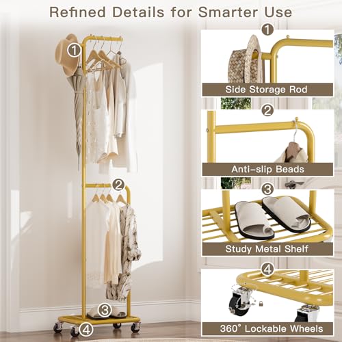 Small Rolling Clothing Rack with Shelf,Narrow Gold Clothes Rack with Wheels | Gasvadivum 71" Tall Sturdy Metal Garment Rack with Hanging Rod, Freestanding Portable Coat Rack for Bedroom, Entryway - color: Gold