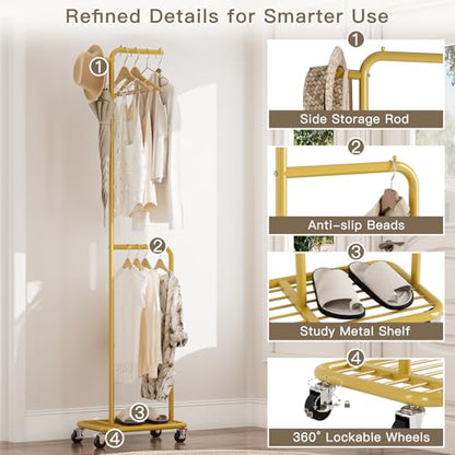 Small Rolling Clothing Rack with Shelf,Narrow Gold Clothes Rack with Wheels | Gasvadivum 71" Tall Sturdy Metal Garment Rack with Hanging Rod, Freestanding Portable Coat Rack for Bedroom, Entryway - color: Gold