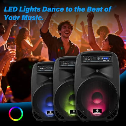 PRORECK Party 15 Portable 15-Inch 2000 Watt 2-Way Powered PA Speaker System Combo Set with Bluetooth/USB/SD Card/FM/Remote Control/LED Light for Indoor, Outdoor DJ Parties, Karaoke