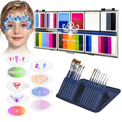 Anka Bella Professional Face Painting Kit–Split Cake Water Activated Face Paint Palette with 14 Brushes, Stencils & Sponges, Non-Toxic Hypoallergenic Face & Body Paint for Halloween, Parties,Cosplay - color: FairyTaleFace Palette