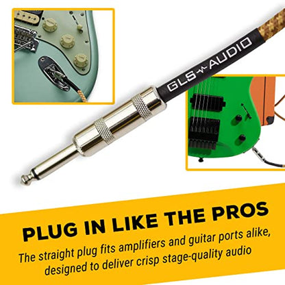 GLS Audio Instrument Cable - 1/4 Inch TS to 1/4 Inch Instrument Cable for Bass/Electric Guitar- Brown/Yellow Braided Tweed, 15ft - color: Brown/Yellow, size: 15ft