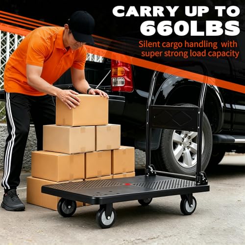 660 lb Folding Platform Truck Cart with 5" Silent TPR Wheels, Heavy Duty Flatbed Push Cart Dolly, Foldable Moving Utility Cart for Warehouse Garage Office Home, Black - color: 660 Lb - 35.8" X 24"