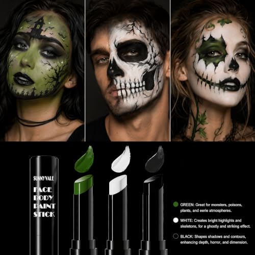 SUNNYVALE 3pcs of Black, White and Green Facial and Body Painting Sticks, Hypoallergenic Foundation, Suitable for Skeletons, Witches, Zombies, Monsters, Cosplay, SFX Halloween Makeup Kit - color: White & Black & Green