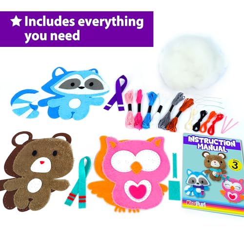 KRAFUN Teddy, Raccoon & Owl Sewing Kit for Kids Ages 7-12 | Sew 3 stuffed animals: Teddy, Raccoon & Owl. Instructions & plush felt included. Beginner learn-to-sew craft gift - color: Teddy & Friends