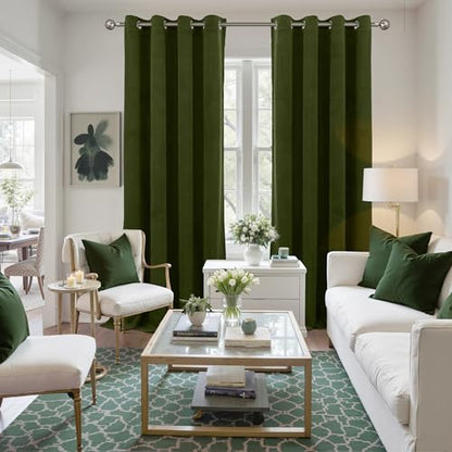 YoungsTex Olive Green Velvet Curtains, Drapes 84 Inches Long 2 Panels Set | Blackout Window Treatmens with Grommet Room Darkening for Bedroom Living Room Privacy, 52 X 84 Inch - color: Olive Green, size: 52"W x 84"L (Pack of 2)