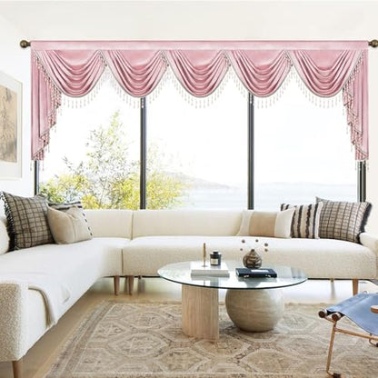 Grand Pink Velvet Waterfall Valance 138 Inches Wide, Luxury Swag Curtains with Thick Beaded Tassels, Elegant European Style Window Treatment for Master Bedroom & Open Concept Living Room - color: Pink, size: 138"W x 43"L (Pack of 1)