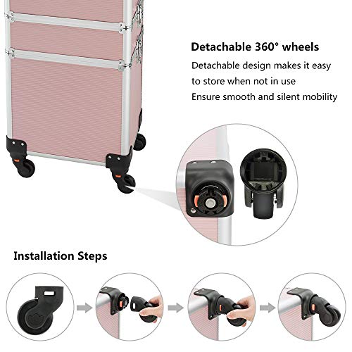 mefeir 4 in 1 Rolling Makeup Train Case, Aluminum Makeup Travel Organizer Cosmetic Case, Cosmetology Display Suitcase on Wheels, Beauty Storage Luggage Lockable w/4 Removable Wheels (Pink) - color: Pink
