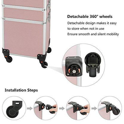 mefeir 4 in 1 Rolling Makeup Train Case, Aluminum Makeup Travel Organizer Cosmetic Case, Cosmetology Display Suitcase on Wheels, Beauty Storage Luggage Lockable w/4 Removable Wheels (Pink) - color: Pink
